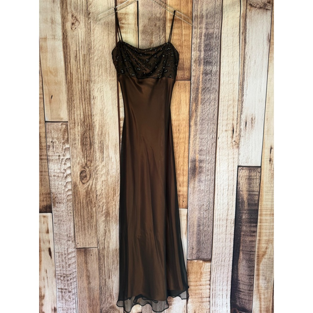 Blondie Nites by Linda Bernell Dress Y2K Beaded Formal Gown Prom Brown Juniors 7